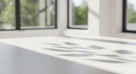 Fototapeta premium Minimalist White Table Surface with Soft Leaf Shadows and Blurred Window Background for Product Mockup