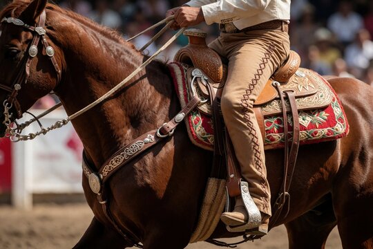 Mexican charro rider wearing traditional costume sits on horse. Cowboy participates in charreria equestrian event at rural arena. Brown stallion with decorated leather saddle gear trots outdoors
