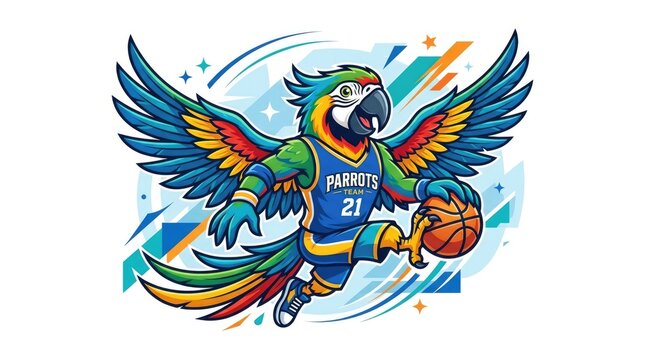 Cartoon parrot mascot playing basketball in jersey