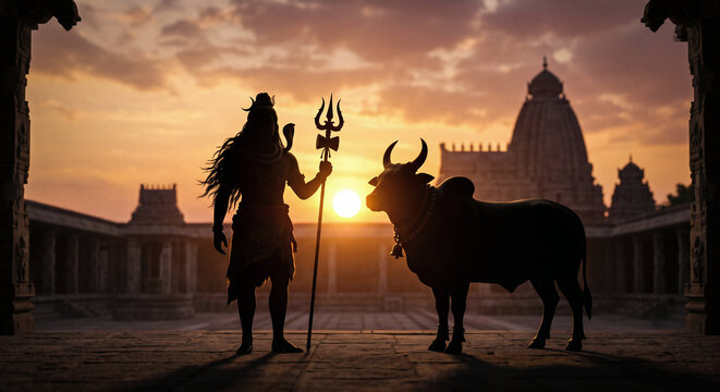 Lord Shiva Silhouette with Sacred Bull Nandi at Sunset, Temple Courtyard Illustration