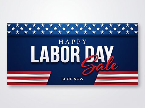 Happy Labor Day Sale Banner with American Flag Colors, Stars and Stripes Background for Seasonal Promotion