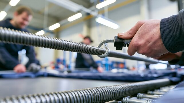 Trampoline spring tensioning tool stretching a coiled spring in sharp focus and blurred assembly workers behind. Concept of recreation equipment assembly.