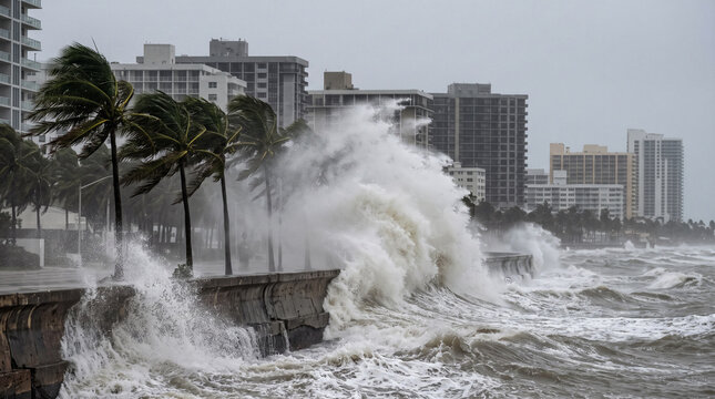 Powerful hurricane storm surge crashing against a seawall in a coastal city with highrise buildings and palm trees bending in strong winds