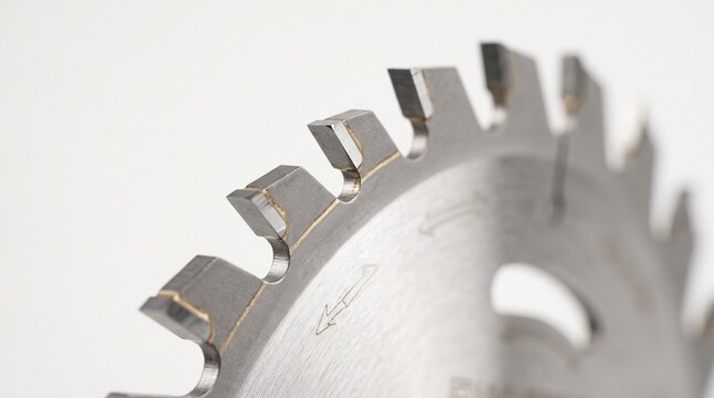 Circular saw blade tooth carbide closeup detail on white background  