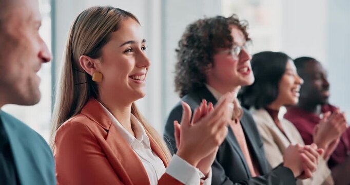 Success, happy or crowd at seminar with clap, achievement or celebration for business growth. Victory, people or employees at event with good news, group applause or motivation for company milestone.