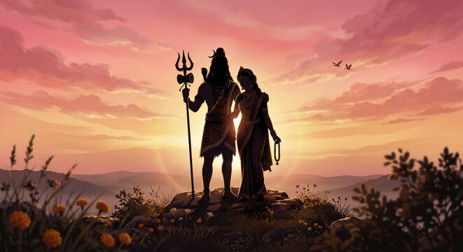 Shiva Parvati Silhouette Sunset Illustration, Divine Couple Devotional Background