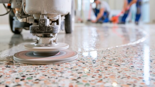 Terrazzo grinding machine polishing a stone chip floor in sharp focus and blurred flooring workers behind. Concept of floor restoration.