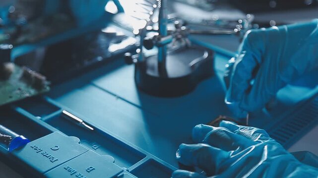 Closeup of a gloved hand installing a microchip on a blue motherboard. Perfect for concepts of AI development, hardware engineering, and IT infrastructure assembly in a digital world.