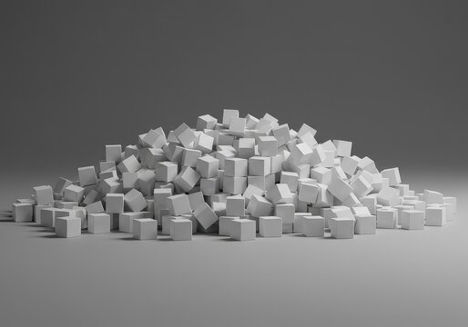 A massive, overwhelming collection of identical white cubes scattered randomly across a stark, empty gray floor, symbolizing chaos and lack of structure, geometric, inefficiency, haphazard