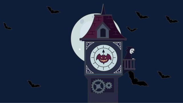 Happy Halloween Animation with Haunted Clock Tower, Full Moon and Flying Bats | 2D Flat Vector Motion Graphics