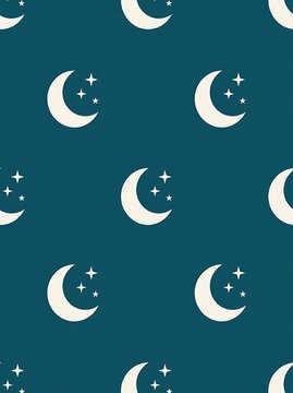 Seamless pattern of crescent moons and stars on a teal background