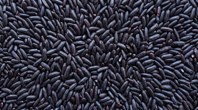 Polished black rice grains texture background perfect for food packaging, organic product presentation, and website design