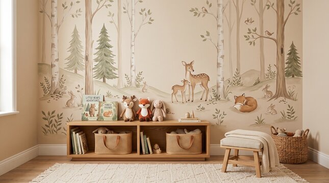 Front View of Woodland Kids Room Wall with Forest Animals, Wooden Shelf, Plush Toys and Cozy Natural Nursery Interior