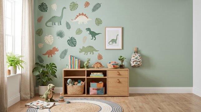 Front View of Dinosaur Themed Kids Room Wall with Sage Green Decor, Wooden Toys, Storage Cabinet and Large Copy Space