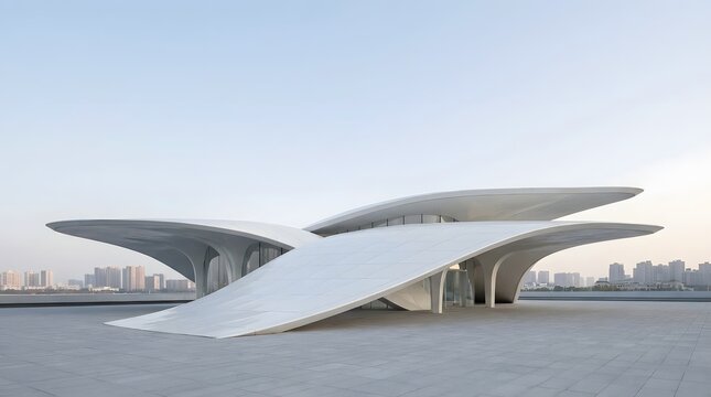 Modern architectural building with a futuristic curved roof design set against a clear blue sky background in daylight