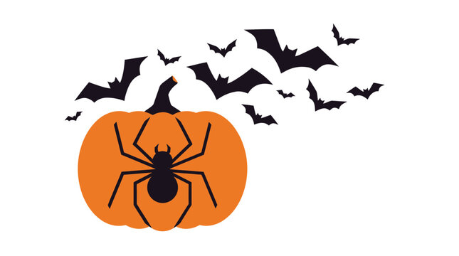 Pumpkin carved with a spider design stands beneath a fluttering group of black bats on a white background.