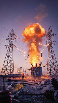 Devastating electrical transformer explosion with person running away at sunset explosion transformer electricity substation industrial emergency catastrophe infrastructure transmission