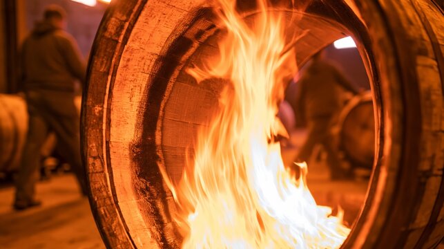 Oak barrel toasting over an open flame in sharp focus and blurred cooperage workers behind. Concept of barrel aging preparation.