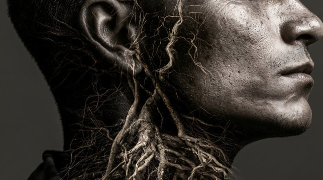 Prompt: A striking fine-art portrait where a worker's neck and jawline are double-exposed with twisted, dead tree roots digging deep into the skin, symbolizing deep-rooted exhaustion. Shot on 