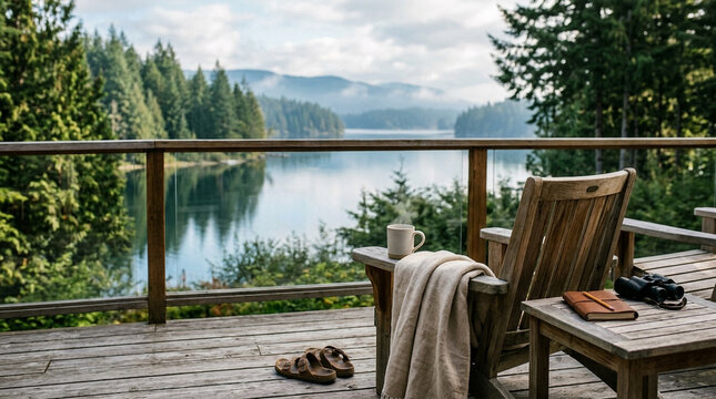 Cozy morning view from a rustic deck overlooking a tranquil forest lake landscape