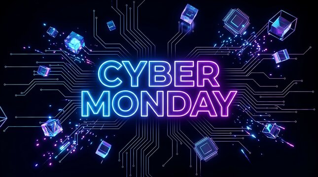 Cyber Monday neon text with glowing circuit board background and floating digital cubes for technology retail sale