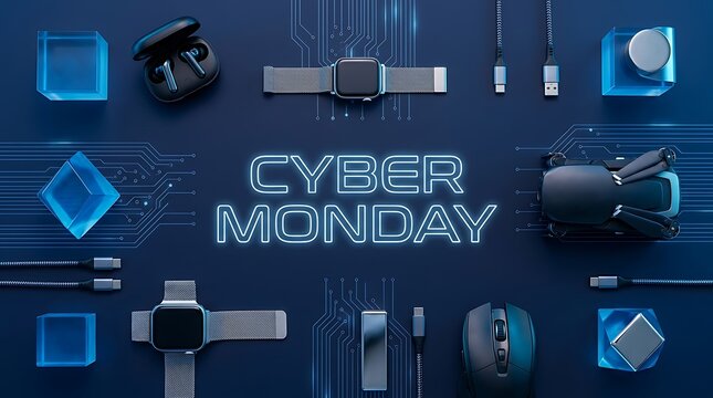 Cyber Monday sale concept with modern electronic gadgets and glowing circuit board patterns on dark blue background