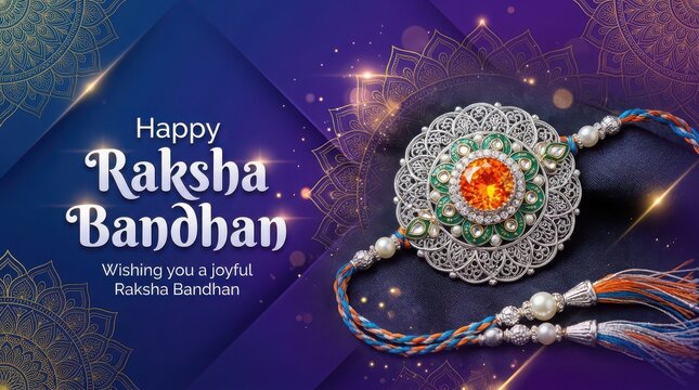 Happy raksha bandhan banner featuring silver filigree rakhi with orange gemstone on geometric blue and purple background.