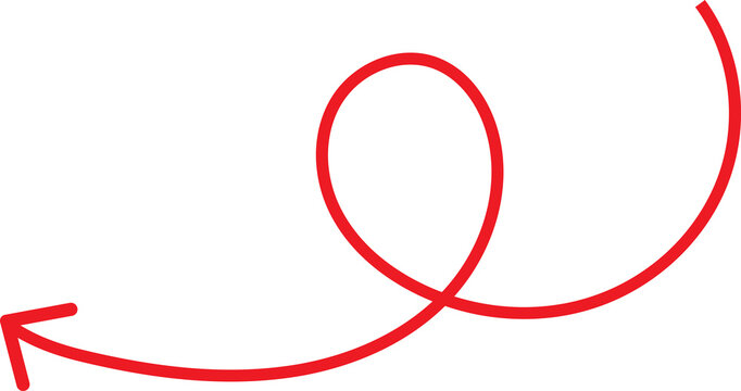 Red curly arrow hand drawn shape pointing left for direction, pointer, guide, navigation, and symbol. Vector illustration.