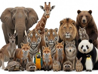 Obraz premium Group of wild animals stands together against white background. African elephant giraffe lion tiger panda bear wolf kangaroo fox raccoon rabbit owl penguin parrot tortoise hedgehog. Diverse mammal