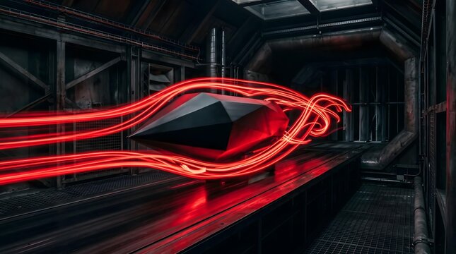 Futuristic black geometric stealth object tested in a dark wind tunnel with glowing red aerodynamic light trails for design background
