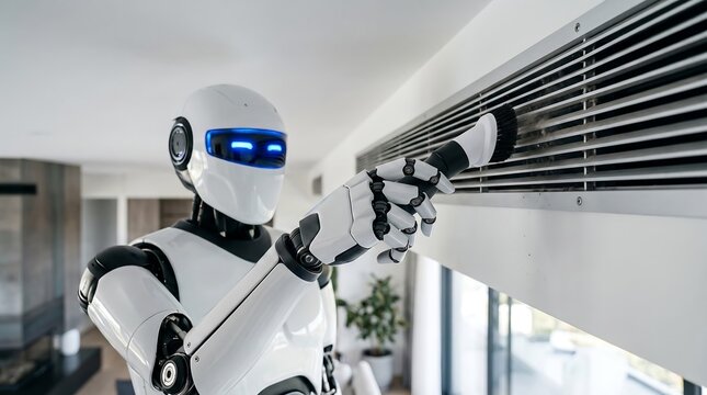 A futuristic humanoid robot with a blue glowing visor meticulously cleans an air conditioning vent with a brush.