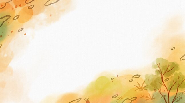 Abstract orange watercolor background border with soft spots and lines, warm fall season banner template with copy space isolated on white background