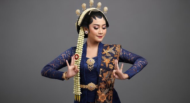 Elegant Javanese Bride in Blue Kebaya and Traditional Jewelry Performing Classical Dance Pose in Studio