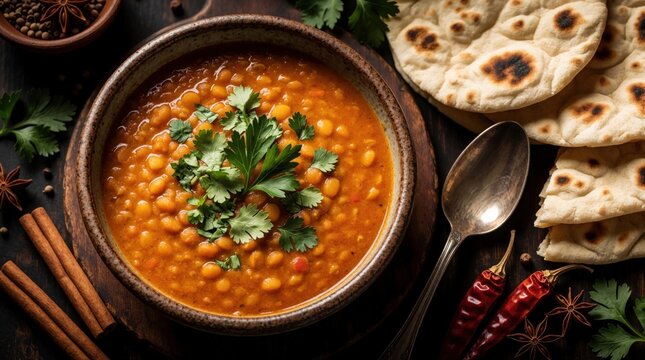 Bowl of spicy misir wat lentil stew served with flatbread on wooden table. Traditional Ethiopian red lentil dish garnished with fresh cilantro herbs. Delicious hot vegan curry food cooked with chili