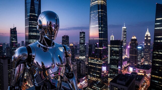 Shiny chrome robot stands high above city at dusk. Futuristic android overlooks illuminated skyscrapers and busy streets. Advanced technology meets modern metropolis architecture.