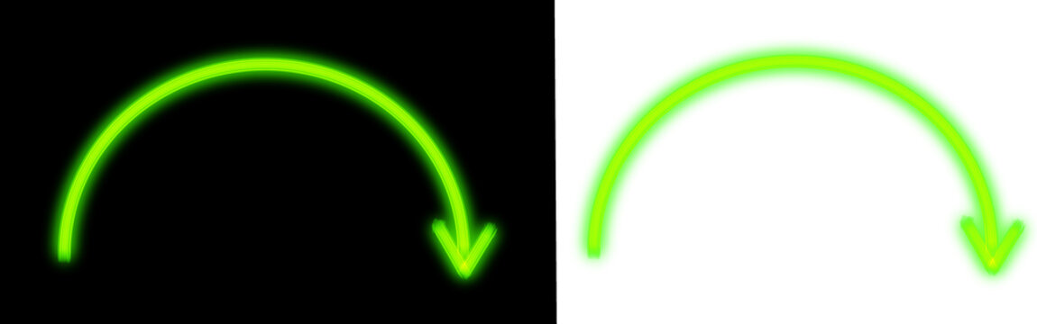 Glowing green neon curved arch arrow pointing right