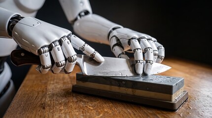 Fototapeta premium Robotic hands meticulously sharpening a chef's knife on a whetstone, showcasing precision in automated tasks.