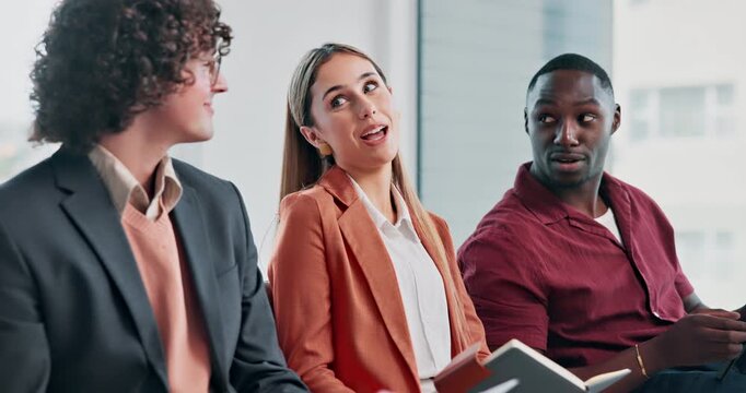 Business, people and talking in waiting room for interview, application and resume for hiring. Team, candidates or discussion in office with document, review cv and recruitment process for onboarding