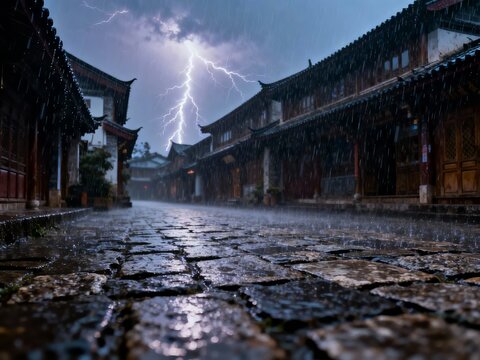 Thunderstorm illuminates ancient stone-paved street with lightning strike between traditional buildings