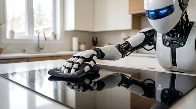 A futuristic humanoid robot with a sleek white and blue design meticulously cleans a modern kitchen countertop with a black cloth.