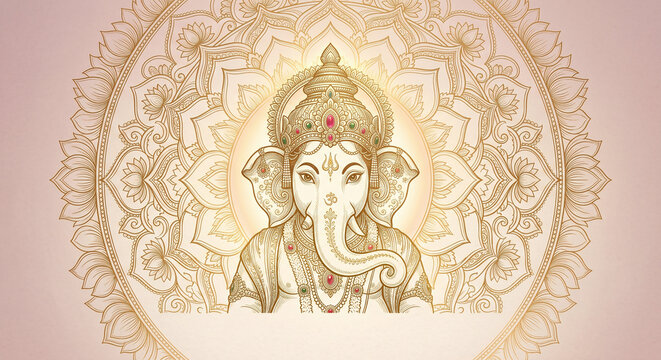 Ganesha with Lotus Mandala Background, Ganesh Chaturthi Greeting Illustration