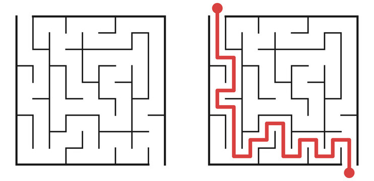  Labyrinthe carr&eacute; facile pour enfants avec la solution. Jeu de logique, puzzle &eacute;ducatif et page de livre d'activit&eacute;s