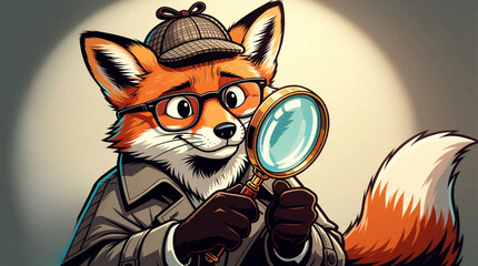 Obraz premium Cute cartoon red fox detective wearing deerstalker hat, glasses. Smart animal sleuth holds magnifying glass to find clues. Whimsical character investigates mystery case in funny illustration style.