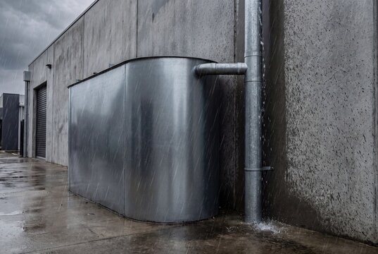 Rainwater harvesting tank and downpipe on a wet building wall in the rain
