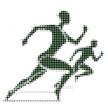 dotted silhouettes of running people. Vector abstract illustration of an adult and a child jogging in dark green halftone pattern style