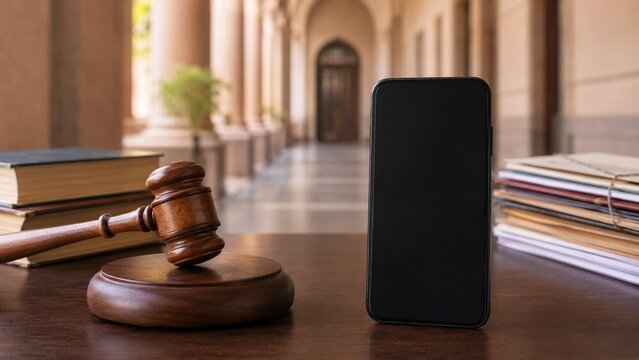 Legal office photo with smartphone and gavel on desk in historic courthouse setting for digital law themes and modern legal technology implications