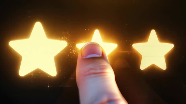 A glowing five-star rating being selected by a finger on a dark background. 4k Video footage.
