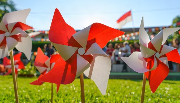 Red and White Paper Pinwheel Toy for Indonesian Independence Day Celebration