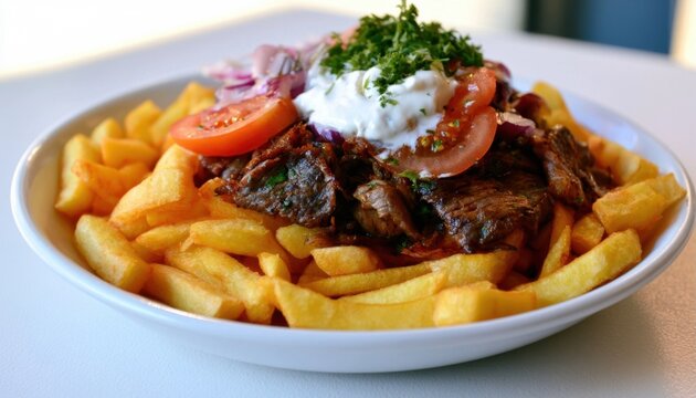 Grilled gyro meat served on a bed of golden french fries with tomato slices and tzatziki sauce on a white plate