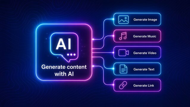 AI content creation concept with icons for text image music and video generation artificial intelligence
